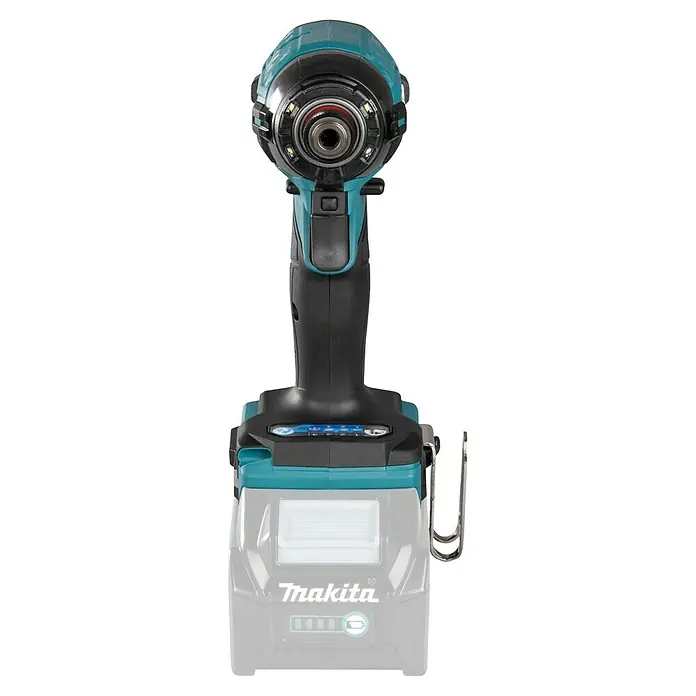 Makita XGT 40V max. Akku-Schlagschrauber TD002GZ01 - 40 V, Ohne Akku, 220 Nm - Türkis-schwarzer Makita-Schlagschrauber mit Sechskantaufnahme, LED-Leuchten und Akkuanzeige, von vorne gesehen.