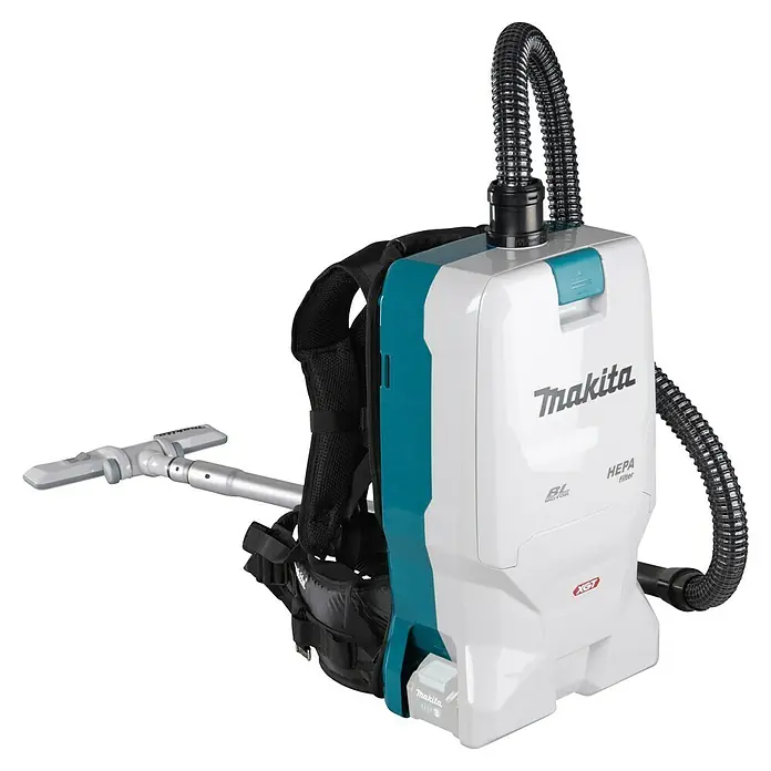 Makita XGT 40V max. Aspiradora con mochila de batería VC011GZ - 40 V, Sin batería, Volumen de recipiente: 6 l - Aspirador de mochila inalámbrico Makita blanco y turquesa con manguera, cepillo y arnés negros.