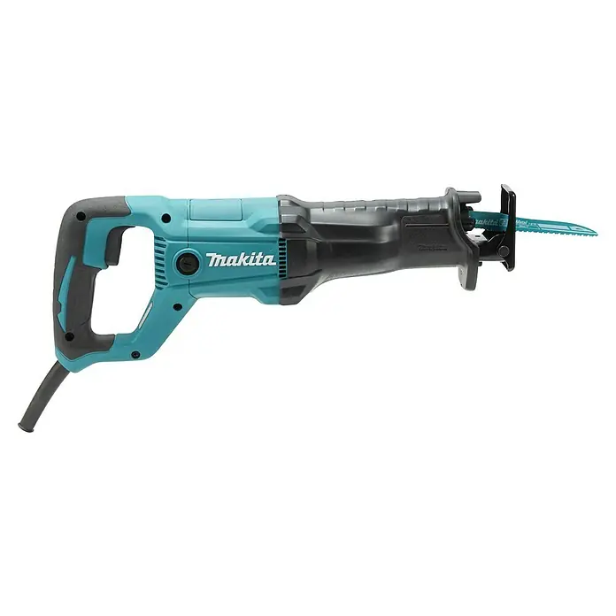 Makita Säbelsäge JR3051TK - 1.200 W, Hublänge: 30 mm - Hellblaue und schwarze Säbelsäge mit eingesetztem Metallsägeblatt.
