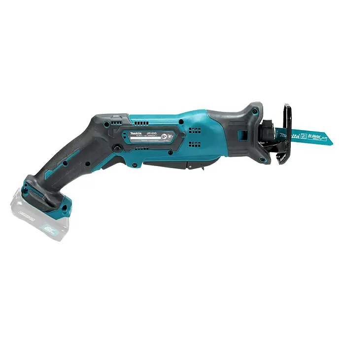 Makita Akku-Säbelsäge JR103DZ - 10,8 V, Ohne Akku, Leerlaufhubzahl: 0 /min - 3.300 /min - Türkise und schwarze Makita Akku-Säbelsäge mit Sägeblatt und 12V Akku.