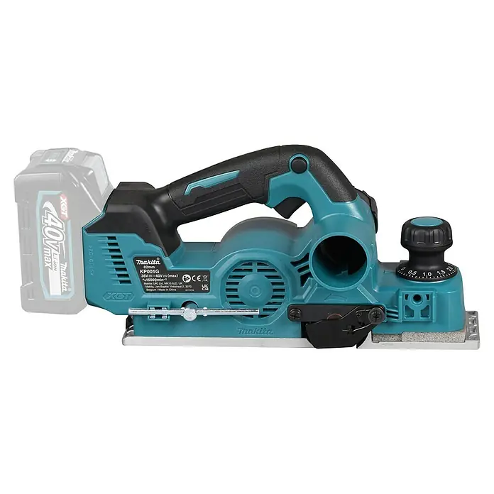Makita XGT 40V max. Cepillo de batería KP001GZ - 40 V, Sin batería, Profundidad de ranura: 0 mm - 25 mm, Número de revoluciones de marcha en vacío: 15.000 r.p.m. - Cepillo eléctrico sin cable Makita KP001G 40V XGT en turquesa y negro, con mango ergonómico y dial de profundidad ajustable.
