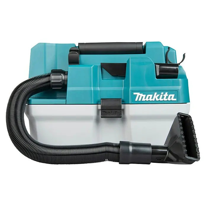 Makita XGT 40V max. Akku-Nass-Trockensauger VC013GLZ03 - 40 V, Ohne Akku, Behältervolumen: 7,5 l - Türkis-weißer Makita Akku-Staubsauger mit schwarzem Schlauch und Fugendüse.
