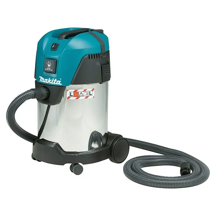Makita Aspirador en seco y húmedo eléctrico VC3011L - 1.000 W, Volumen de recipiente: 30 l, Semiautomático - Aspiradora Makita en seco/húmedo: cabezal turquesa/negro, tanque cromado, manguera gris. Con ruedas y asa para fácil transporte.
