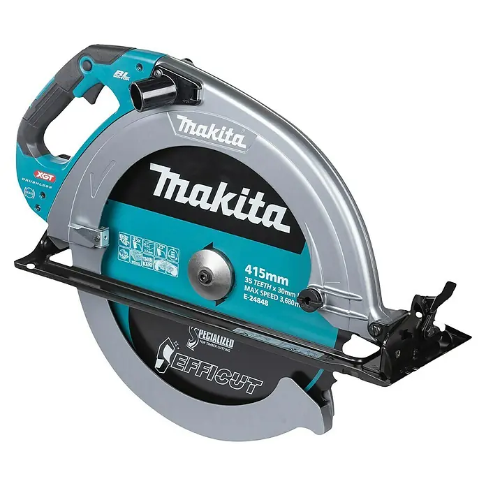 Makita XGT 40V max. Akku-Handkreissäge HS013GZ - 40 V, Ohne Akku, Durchmesser Sägeblatt: 415 mm, 2.100 U/min - Makita 415-mm-Kreissäge mit blauem Griff und silbernem Gehäuse, mit einem schwarzen und türkisen EFFICUT-Sägeblatt.