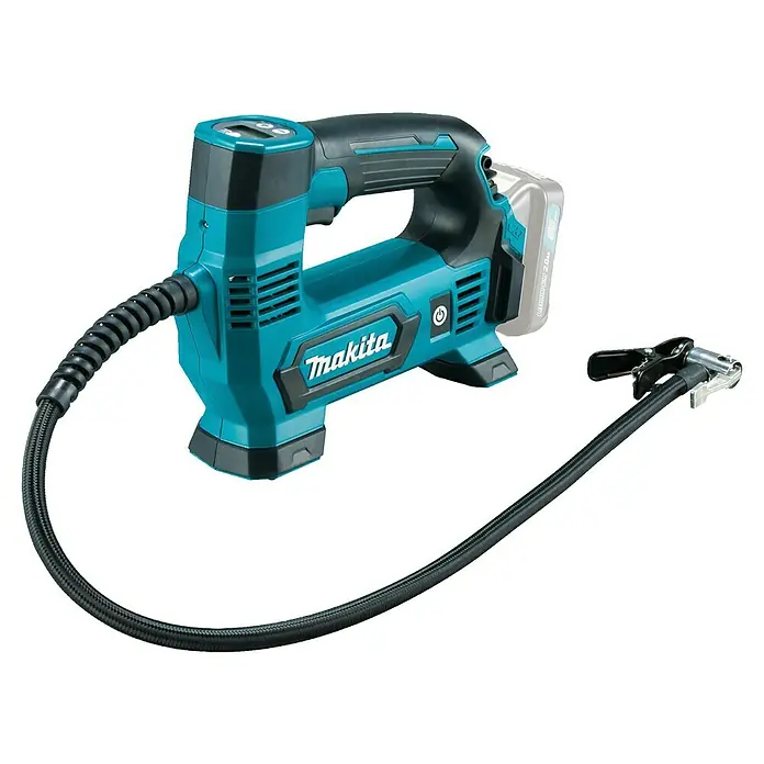 Makita CXT 12V max. Compresor de batería MP100DZ - 12 V, Iones de litio, Sin batería, Presión máx.: 8,3 bar - Inflador de aire inalámbrico Makita, turquesa y negro, con pantalla digital, manguera flexible y acople de válvula.