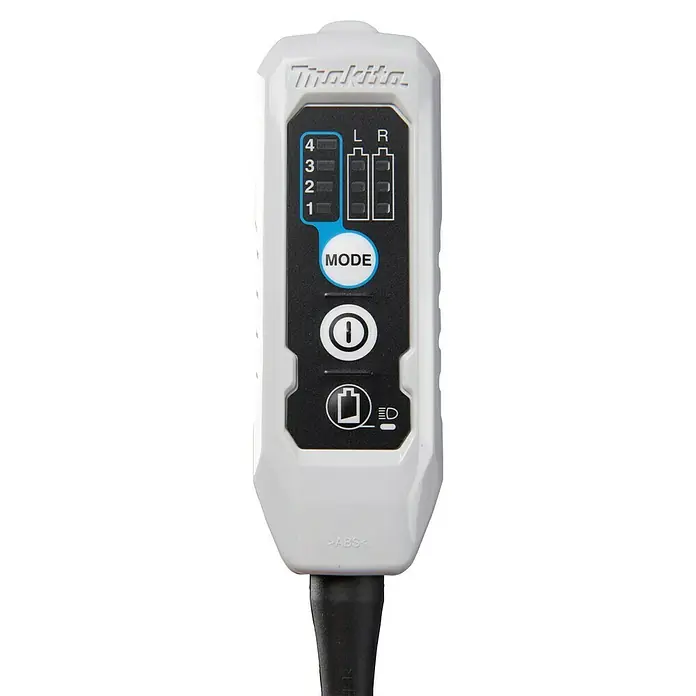 Makita XGT 40V max. Aspiradora con mochila de batería VC011GZ - 40 V, Sin batería, Volumen de recipiente: 6 l - Panel de control Makita blanco y negro con botones de modo, encendido, batería y luz, mostrando ajustes 1-4 y niveles de batería duales L/R.