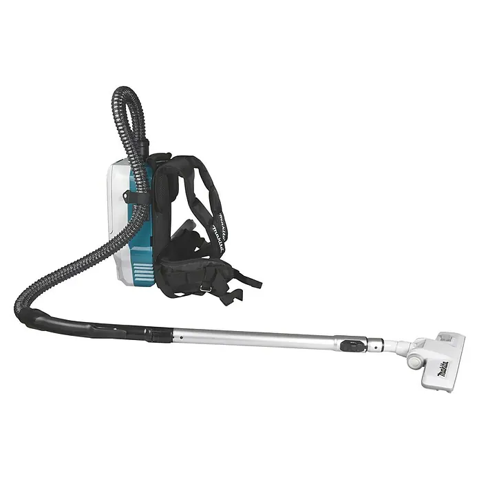 Makita XGT 40V max. Akku-Rucksackstaubsauger VC008GZ - Anzahl Akkus: Ohne Akku, Behältervolumen: 2 l - Makita Rucksackstaubsauger: weiß-türkise Einheit mit schwarzem Gurt, Schlauch, silbernem Rohr und weißer Bodendüse.