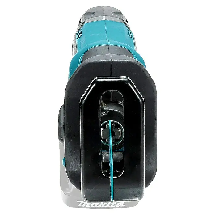 Makita Akku-Säbelsäge JR103DZ - 10,8 V, Ohne Akku, Leerlaufhubzahl: 0 /min - 3.300 /min - Vorderansicht einer blau-grau-schwarzen Makita Säbelsäge mit eingesetztem Sägeblatt.