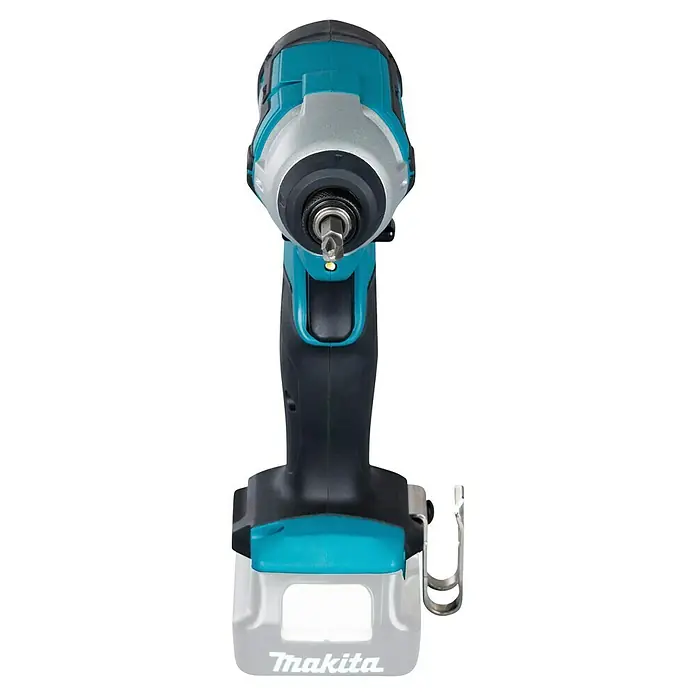 Makita Akku-Schlagschrauber TD110 DZ - 10,8 V, Ohne Akku - Makita Schlagschrauber in Schwarz und Türkis mit eingesetztem Sechskantbit und beleuchteter LED, an grauem Akku mit Logo und Gürtelclip.