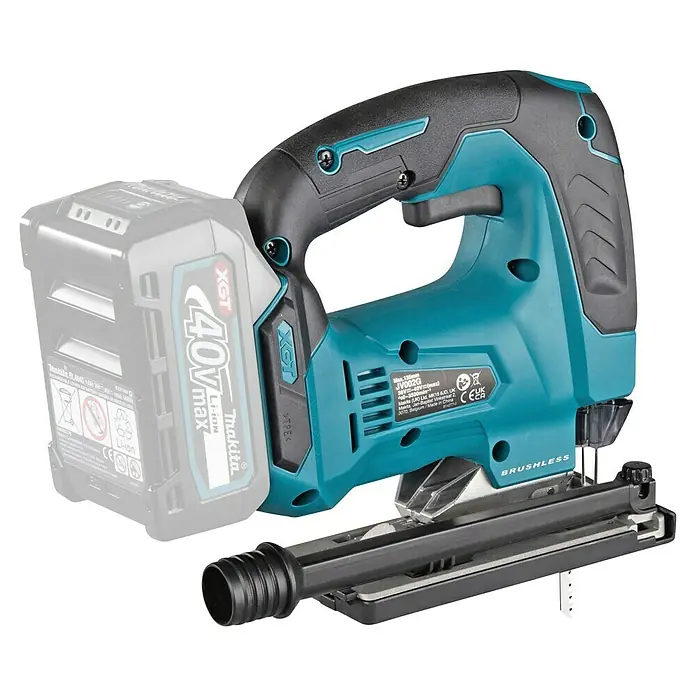 Makita XGT 40V max. Akku-Pendelhubstichsäge JV002GZ - 40 V, Ohne Akku, 0 /min - 3.500 /min - Türkis-schwarze Makita XGT 40V Akku-Stichsäge mit Akku, bürstenlosem Motor und Sägeblatt.
