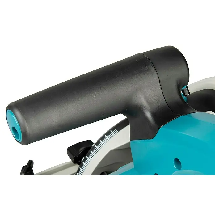 Makita Tauchsäge SP6000J1 mit Makpac und Führungsschiene - 1.300 W, 6.400 U/min - Schwarzer vorderer Griff und Teil einer türkisfarbenen Kreissäge mit sichtbarer Messskala.