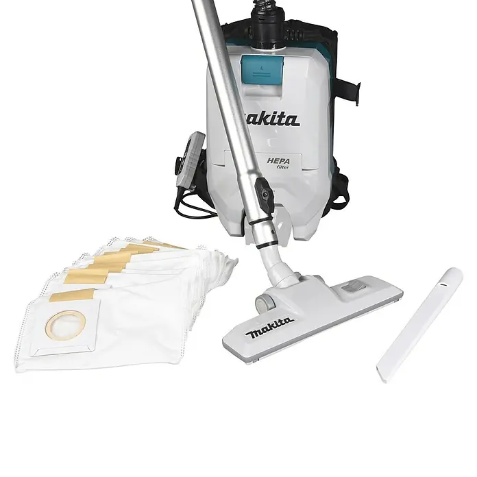 Makita XGT 40V max. Akku-Rucksackstaubsauger VC008GZ - Anzahl Akkus: Ohne Akku, Behältervolumen: 2 l - Makita Rucksackstaubsauger mit silberner Stange, weißem und türkisem Gehäuse, Bodendüse, Fugendüse und weißen Staubbeuteln.