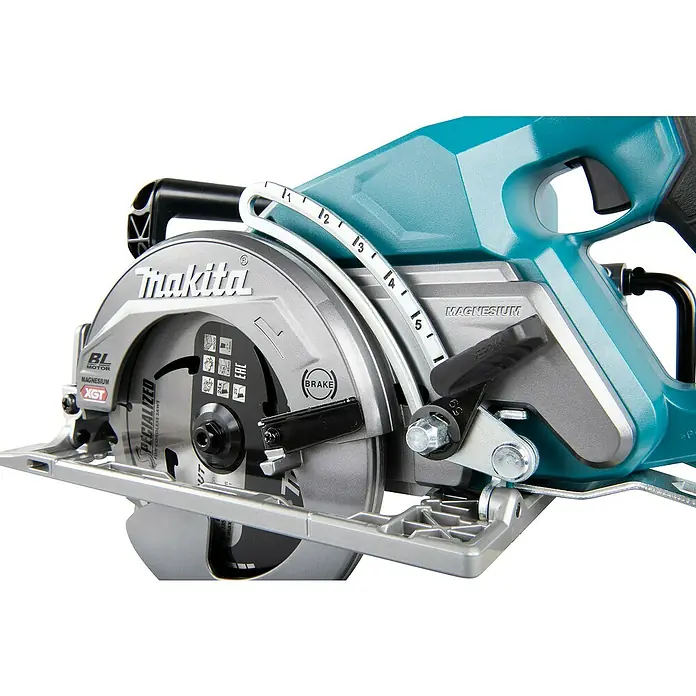 Makita XGT 40V max. Akku-Handkreissäge RS001GZ - 40 V, Ohne Akku, Durchmesser Sägeblatt: 185 mm, 6.400 U/min - Makita Kreissäge in Türkis und Grau mit silbernem Blattschutz, schwarzem Sägeblatt und ergonomischem Griff.