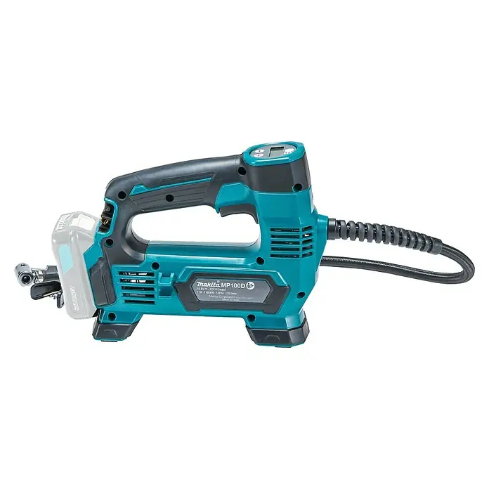 Makita CXT 12V max. Akku-Kompressor MP100DZ - 12 V, Li-Ionen, Ohne Akku, Max. Druck: 8,3 bar - Ein türkis-schwarzer Makita MP100D Akku-Gebläse mit Batterie und Schlauch.