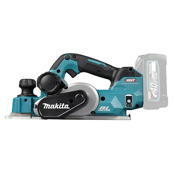 Makita XGT 40V max. Cepillo de batería KP001GZ - 40 V, Sin batería, Profundidad de ranura: 0 mm - 25 mm, Número de revoluciones de marcha en vacío: 15.000 r.p.m. - Cepillo inalámbrico sin escobillas Makita 40V XGT en turquesa y negro con detalles plateados.
