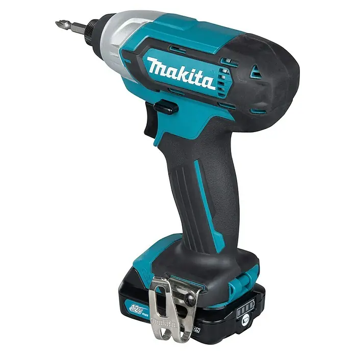 Makita Llave de impacto de batería TD110DSMJ - 10,8 V, 2 baterías, 4 Ah - Atornillador de impacto inalámbrico Makita 12V max, turquesa y negro, con punta hexagonal y clip para cinturón.