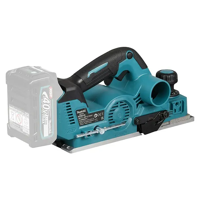 Makita XGT 40V max. Akku-Hobel KP001GZ - 40 V, Ohne Akku, Falztiefe: 0 mm - 25 mm, Leerlaufdrehzahl: 15.000 U/min - Makita XGT 40V Akku-Hobel in Türkis und Schwarz mit Akku.