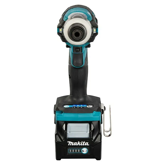Makita XGT 40V max. Akku-Schlagschrauber TD001GD201 - 40 V, 2 Akkus, 2,5 Ah - Schwarzer und türkiser Makita Akku-Schlagschrauber mit LED-Leuchten, Akkuanzeige und Gürtelclip.