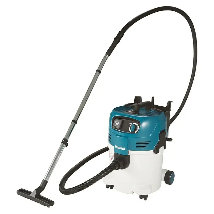 Makita Aspirador en seco y húmedo eléctrico VC3012L - 1.500 W, Volumen de recipiente: 30 l - Aspirador Makita de seco/húmedo turquesa y blanco con manguera negra y tubo de extensión plateado, para limpieza versátil.