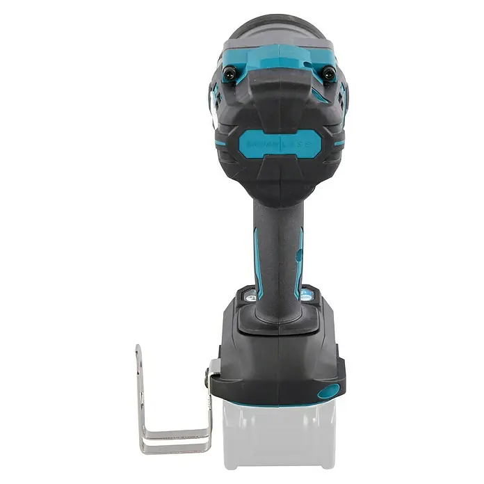 Makita XGT 40V max. Akku-Schlagschrauber TW001GZ - 40 V, Ohne Akku - Ein schwarzer und türkisfarbener bürstenloser Akku-Schlagschrauber mit sichtbarem Akkufach und Gürtelclip.