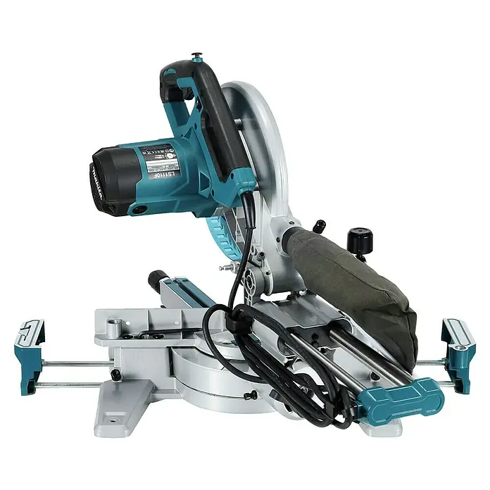 Makita Kapp- & Gehrungssäge LS1110F - 1.400 W, Durchmesser Sägeblatt: 260 mm, Leerlaufdrehzahl: 4.500 U/min - Eine türkis-silberne Makita Gehrungssäge, ein leistungsstarkes Werkzeug für präzise Winkelschnitte.