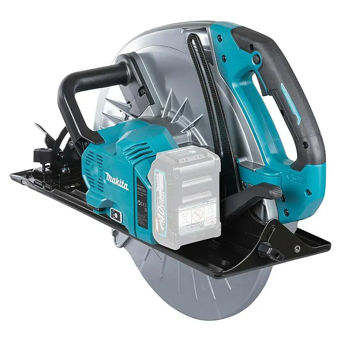 Makita XGT 40V max. Sierra circular de batería HS013GZ - 40 V, Sin batería, Diámetro hoja de sierra: 415 mm, 2.100 r.p.m. - Sierra circular inalámbrica Makita en turquesa, negro y plata, con batería visible.