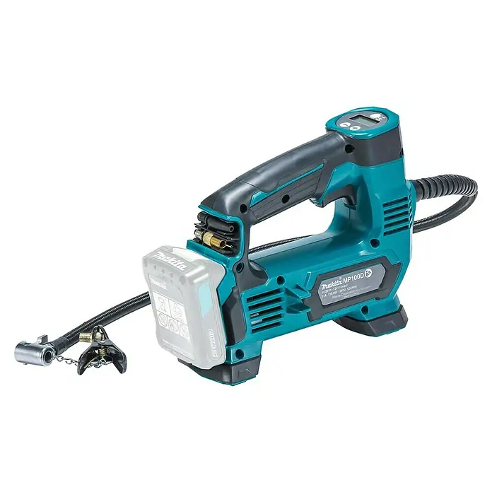 Makita CXT 12V max. Akku-Kompressor MP100DZ - 12 V, Li-Ionen, Ohne Akku, Max. Druck: 8,3 bar - Makita MP100D Akku-Luftpumpe in Türkis und Schwarz mit silberner Batterie und verschiedenen Schlauchaufsätzen.