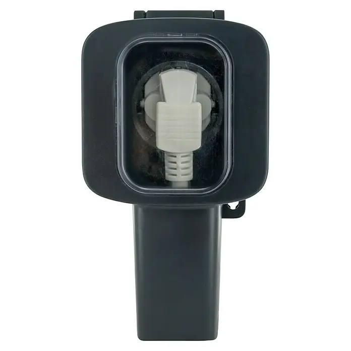 Schwaiger Außensteckdosensäule SOAD1000 für gerade Stecker IP56 - Schwarz - Dunkelgraue wetterfeste Steckdose mit Klarsichtdeckel und eingestecktem weißem Stecker.