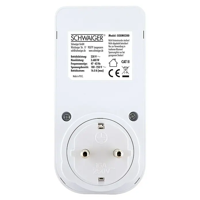 Schwaiger Energiekosten-Messgerät Einspeisemessgerät beleuchtet - Weiß - Weißer Kunststoff-Energiemesser/Steckdosenadapter mit Schuko-Steckdose.