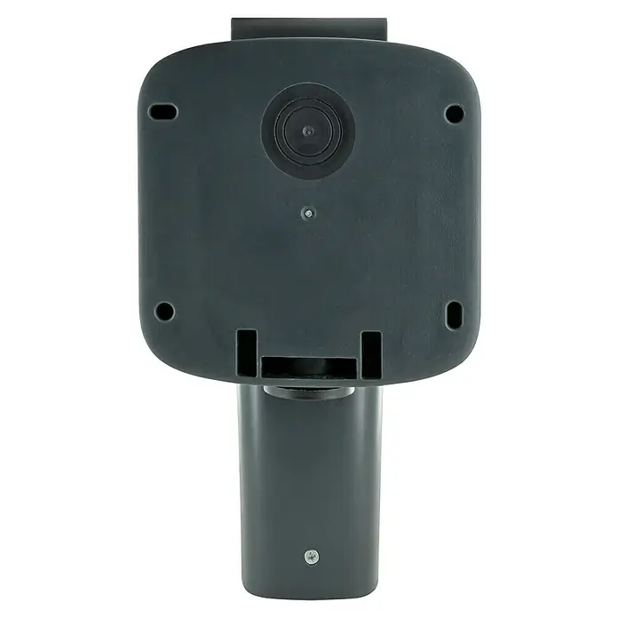 Schwaiger Außensteckdosensäule SOAD1000 für gerade Stecker IP56 - Schwarz - Dunkelgraues, rechteckiges Gerät mit zylindrischem Fuß, mehreren Befestigungspunkten und zentraler Linse/Sensor, Rückansicht.