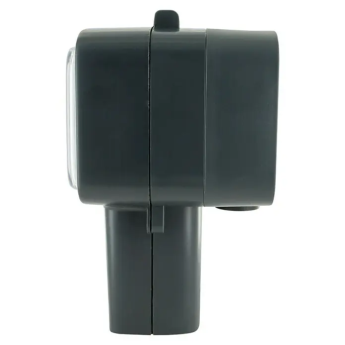 Schwaiger Außensteckdosensäule SOAD1000 für gerade Stecker IP56 - Schwarz - Dunkelgraues Elektronikgehäuse aus Kunststoff mit transparenter Frontplatte und nach unten gerichteter Anschlussöffnung.