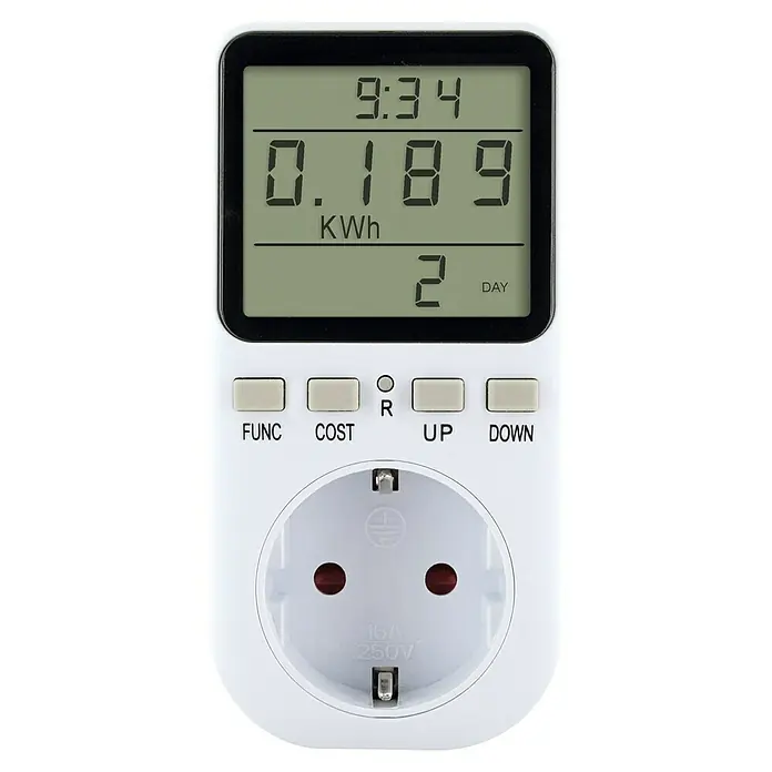 Schwaiger Energiekosten-Messgerät Einspeisemessgerät beleuchtet - Weiß - Weißer Energiemonitor mit Digitalanzeige (0.189 KWh, 9:34, 2 Tage) und Schuko-Steckdose, bedienbar mit Tasten.