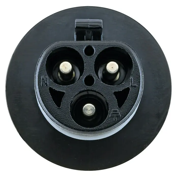 Schwaiger Adapter Betteri BC01 auf BC05 - Schwarz - Schwarze, runde EV-Ladebuchse mit drei Kontakten für Neutral, Phase und Erde.