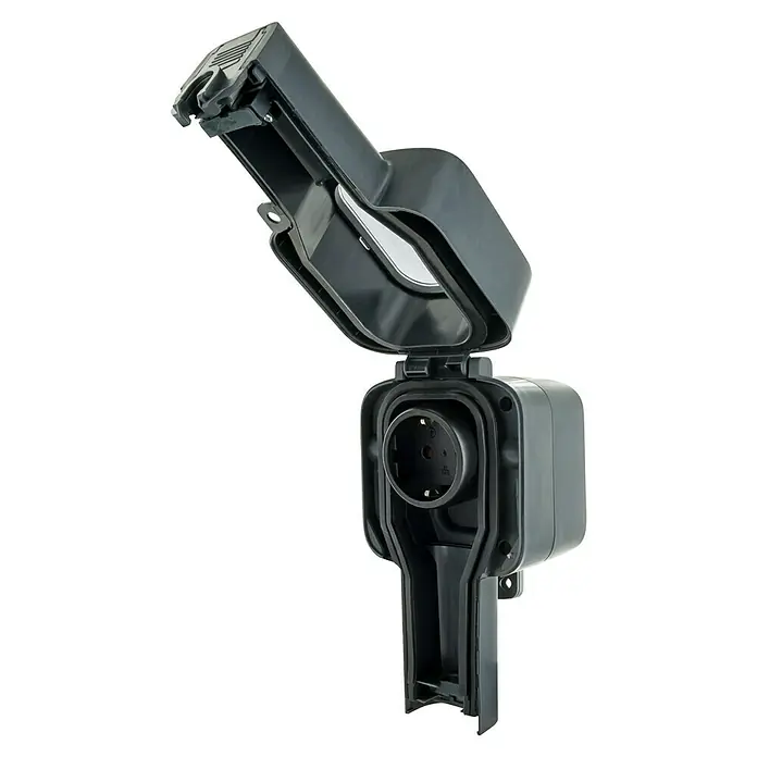 Schwaiger Außensteckdosensäule SOAD1000 für gerade Stecker IP56 - Schwarz - Dunkelgraue Outdoor-Steckdose mit geöffnetem, wetterfestem Klappdeckel, der die europäische Steckdose freigibt.