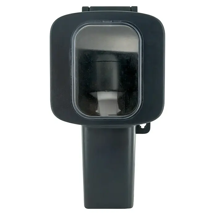 Schwaiger Außensteckdosensäule SOAD1000 für gerade Stecker IP56 - Schwarz - Dunkelgraues Gerät mit klarem Sichtfenster auf internes Bauteil, rechteckigem Unterteil und kleiner Befestigungsöse.