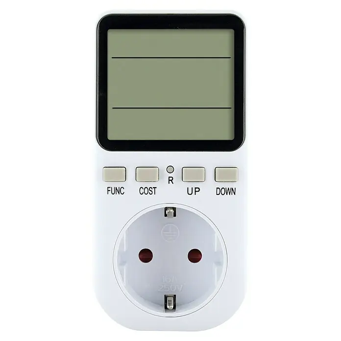 Schwaiger Energiekosten-Messgerät Einspeisemessgerät beleuchtet - Weiß - Weißes Stromverbrauchsmessgerät mit Digitalanzeige, vier Tasten und einer 16A 250V Schuko-Steckdose zur Verbrauchsmessung.