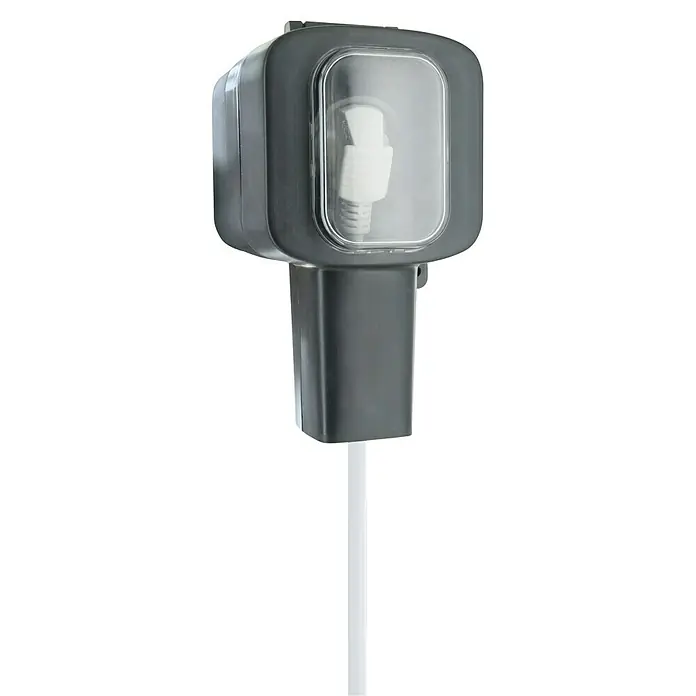 Schwaiger Außensteckdosensäule SOAD1000 für gerade Stecker IP56 - Schwarz - Dunkelgrauer Seifenspender mit transparentem Fenster, das weißen Pumpmechanismus und Rohr zeigt.