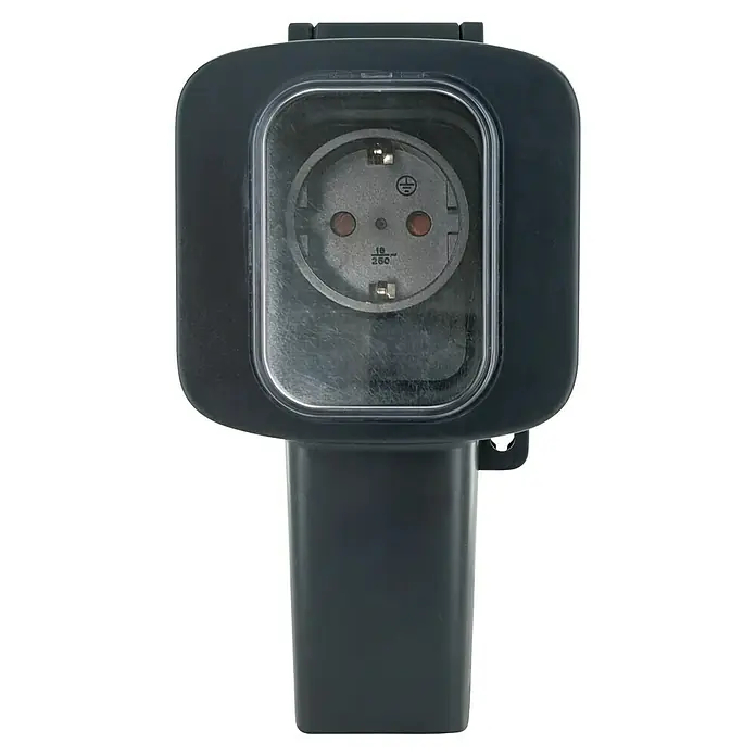 Schwaiger Außensteckdosensäule SOAD1000 für gerade Stecker IP56 - Schwarz - Dunkelgraue wetterfeste Außensteckdose mit transparentem Klappdeckel, 16A/250V.