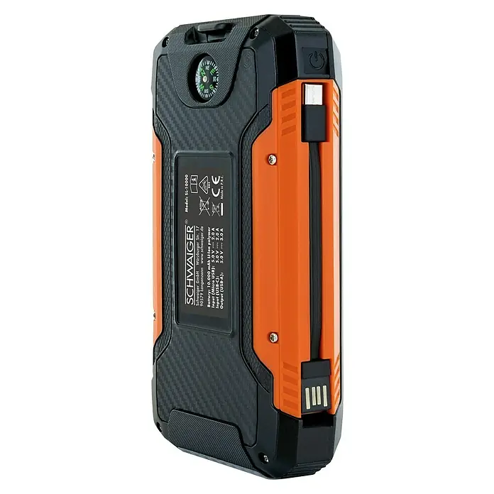 Schwaiger Solar-Powerbank - 100.000 Wh, Orange, Schwarz - Robuste schwarze und orange Powerbank mit Carbonfaser-Textur, integriertem Kompass und USB-Anschlüssen.