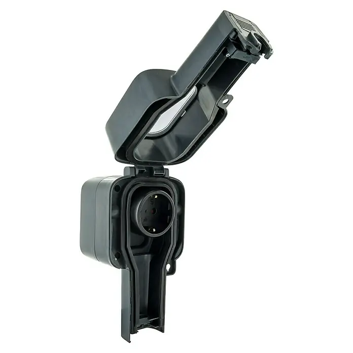 Schwaiger Außensteckdosensäule SOAD1000 für gerade Stecker IP56 - Schwarz - Dunkelgraue Outdoor-Steckdose mit offener Schutzklappe, die die innere Schutzkontakt-Steckdose zeigt.