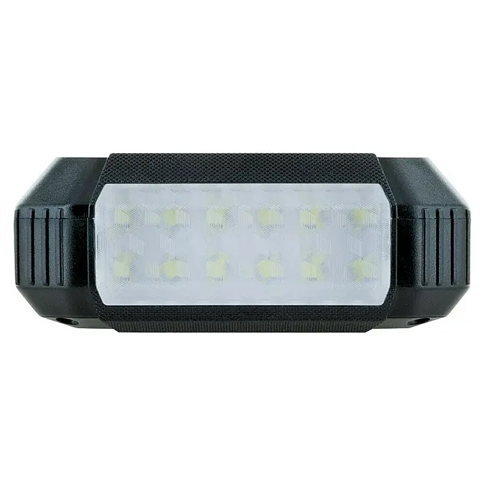 Schwaiger Solar-Powerbank - 100.000 Wh, Orange, Schwarz - Schwarze, rechteckige LED-Arbeitsleuchte mit weißem, strukturiertem Diffusor und gelblichen LEDs.