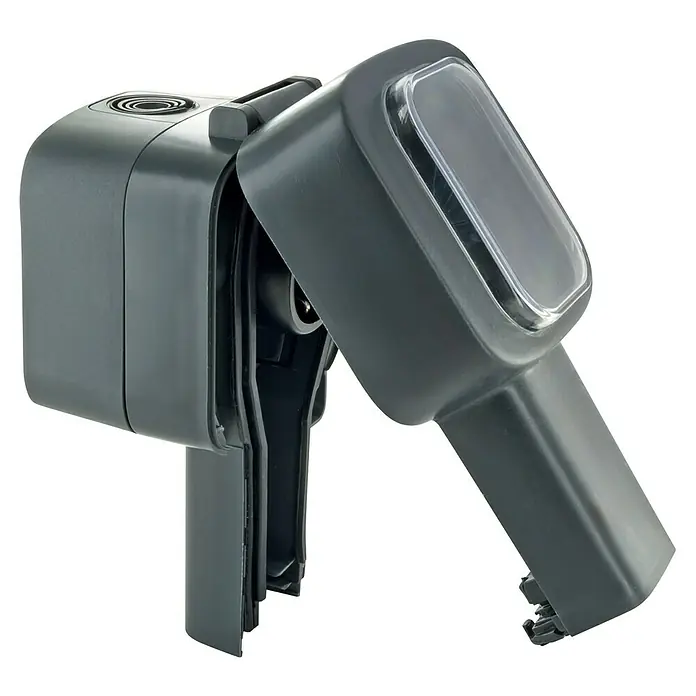 Schwaiger Außensteckdosensäule SOAD1000 für gerade Stecker IP56 - Schwarz - Dunkelgrauer Kunststoff-Futterautomat oder -Spender mit transparentem Deckel und Gelenkdesign.