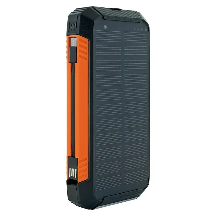 Schwaiger Solar-Powerbank - 100.000 Wh, Orange, Schwarz - Schwarze und orangefarbene tragbare Solar-Powerbank mit integrierten USB-Kabeln, Solarpanel und LED-Ladeanzeigen.
