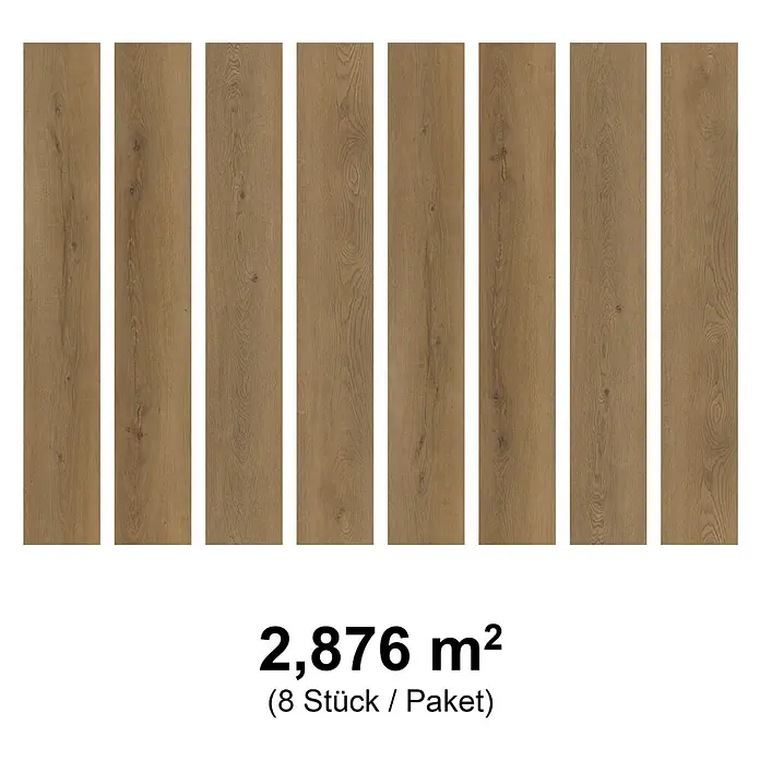 Fixed Vinylboden Plus - Horizonte, Landhausdiele, 1.530 x 235 x 3 mm - Acht hellbraune Holzfußbodenbretter mit sichtbarer Maserung.