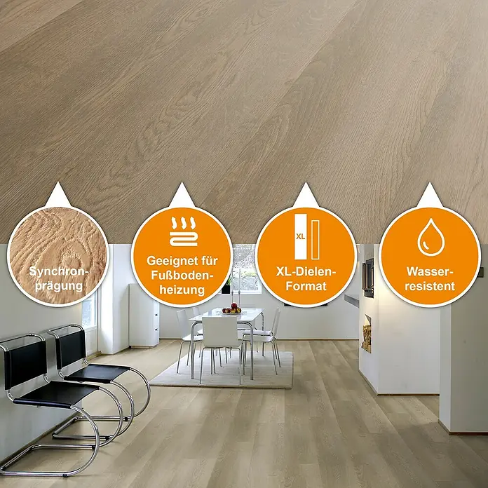 Fixed Vinylboden Plus - Manaus, Landhausdiele, 1.530 x 235 x 3 mm - Helles Laminatboden in Holzoptik im Wohnbereich, mit synchroner Prägung, Fußbodenheizungseignung, XL-Dielenformat und Wasserbeständigkeit.