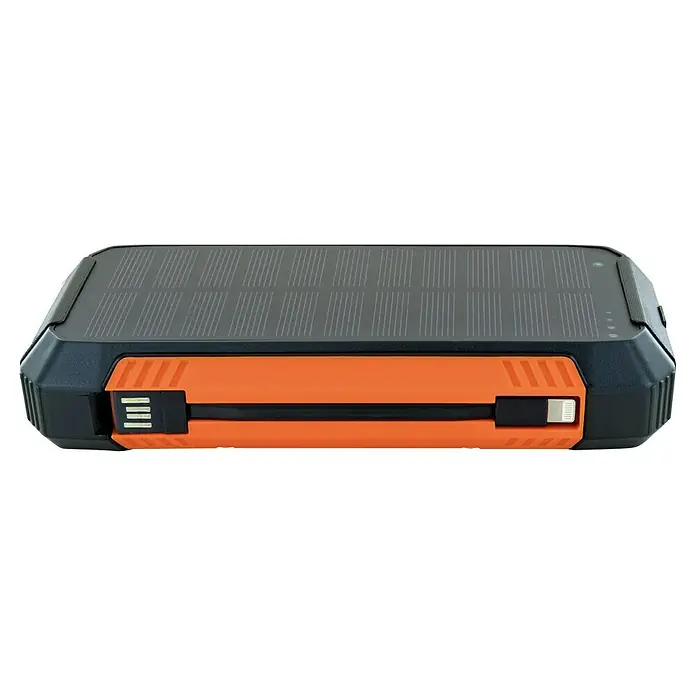 Schwaiger Solar-Powerbank - 100.000 Wh, Orange, Schwarz - Schwarze und orangefarbene Solar-Powerbank mit integrierten Ladekabeln und Solarpanel.