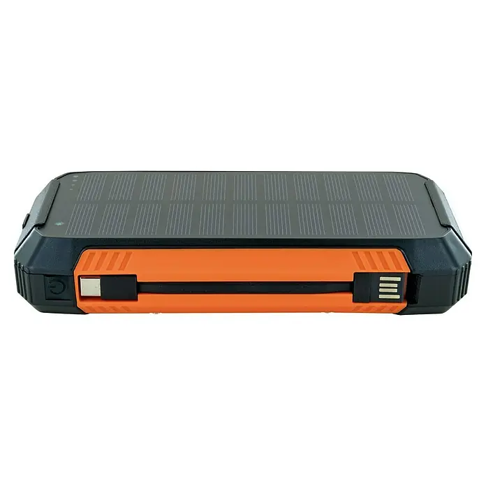 Schwaiger Solar-Powerbank - 100.000 Wh, Orange, Schwarz - Robustes schwarz-orangefarbenes Solar-Powerbank mit integriertem Solarpanel, USB-Anschlüssen und LED-Anzeigen für den Außeneinsatz.