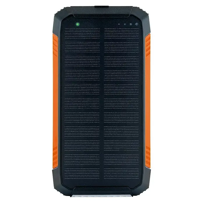 Schwaiger Solar-Powerbank - 100.000 Wh, Orange, Schwarz - Schwarz-orangefarbene Solar-Powerbank mit grüner Sonnenanzeige und vier weißen Akkuladeanzeigen.