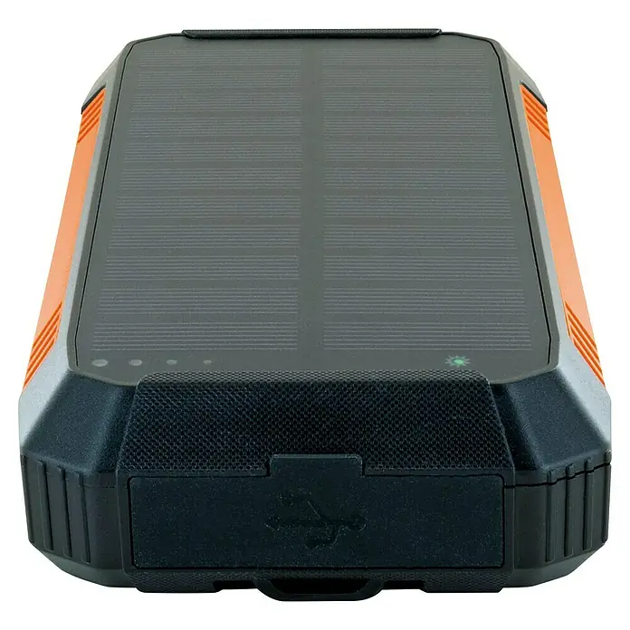 Schwaiger Solar-Powerbank - 100.000 Wh, Orange, Schwarz - Robustes schwarzes und oranges Solarladegerät mit Solarpanel, LED-Anzeigen und USB-Anschlussabdeckung.