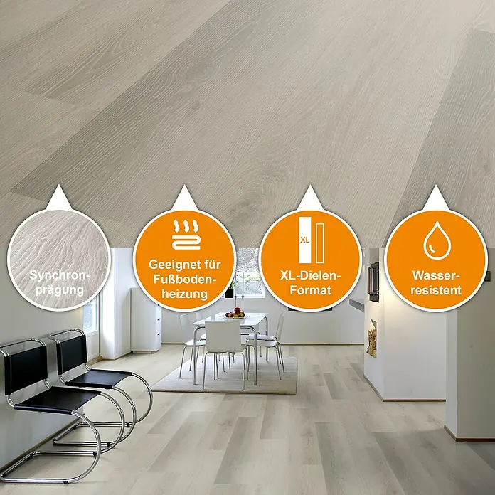 Fixed Vinylboden Plus - Teresina, Landhausdiele, 1.530 x 235 x 3 mm - Helle, holzgemaserte Bodenplanken in einem Wohnraum, die Optik und praktische Eigenschaften hervorheben.